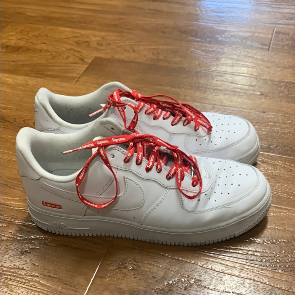 Supreme x Nike AF1 White Sneakers with Red Supreme Laces